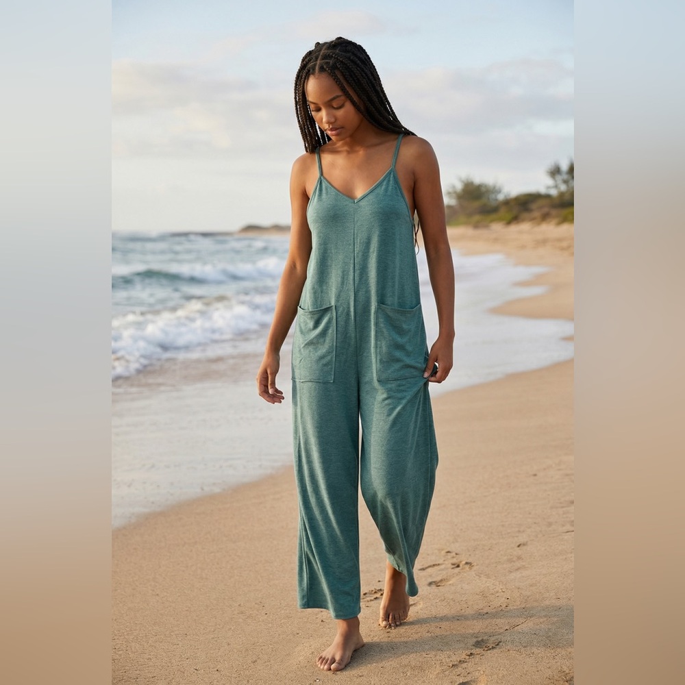 Sleeveless V-Neck Wide-Leg Jumpsuit in Teal